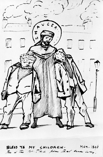 William Morris and Edward Burne-Jones Being Blessed by Chaucer, Cartoon by Edward Burne Jones